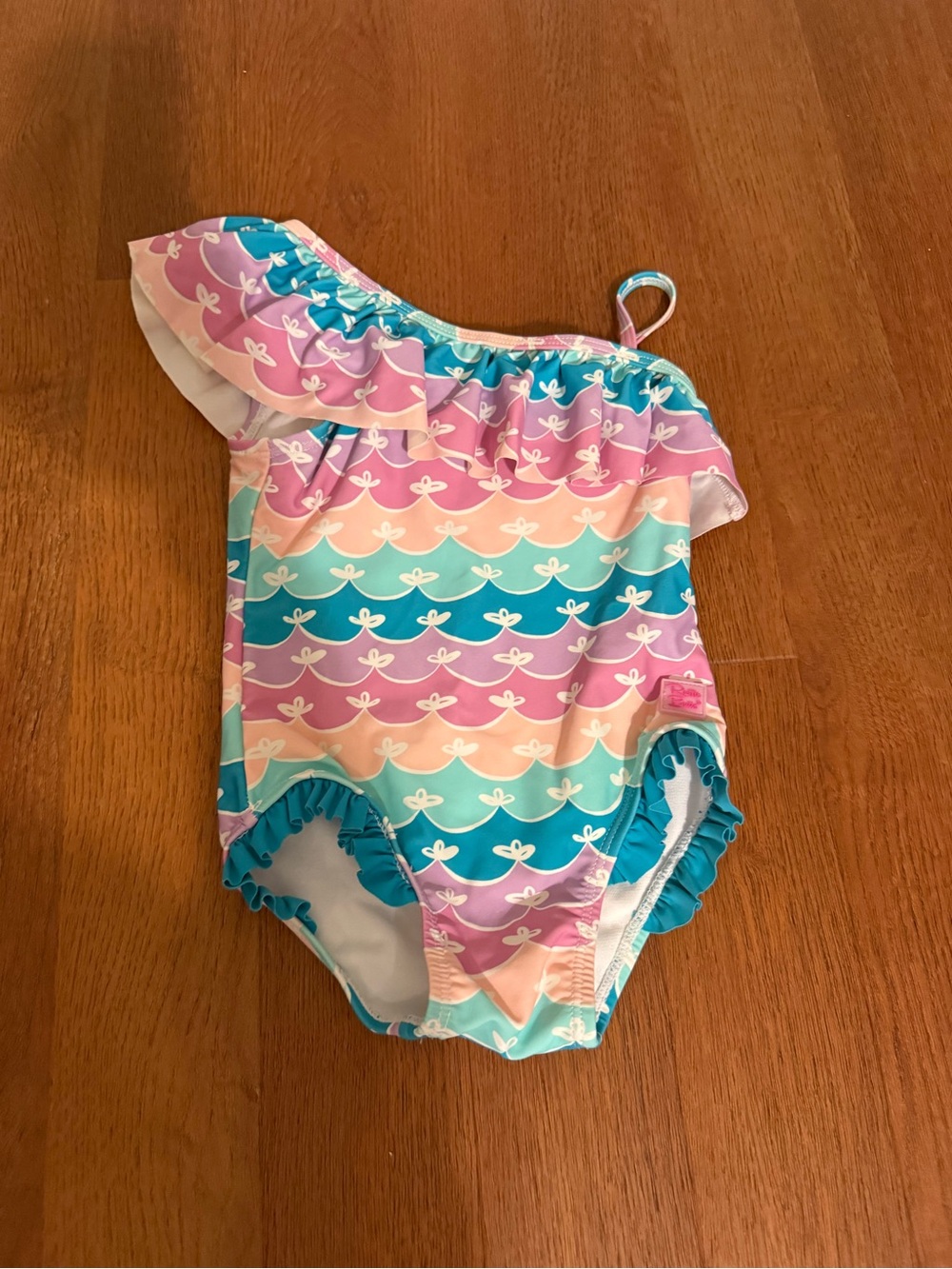 RuffleButts Pastel Mermaid Scale One-Shoulder Ruffle Swimsuit - Size 2T
